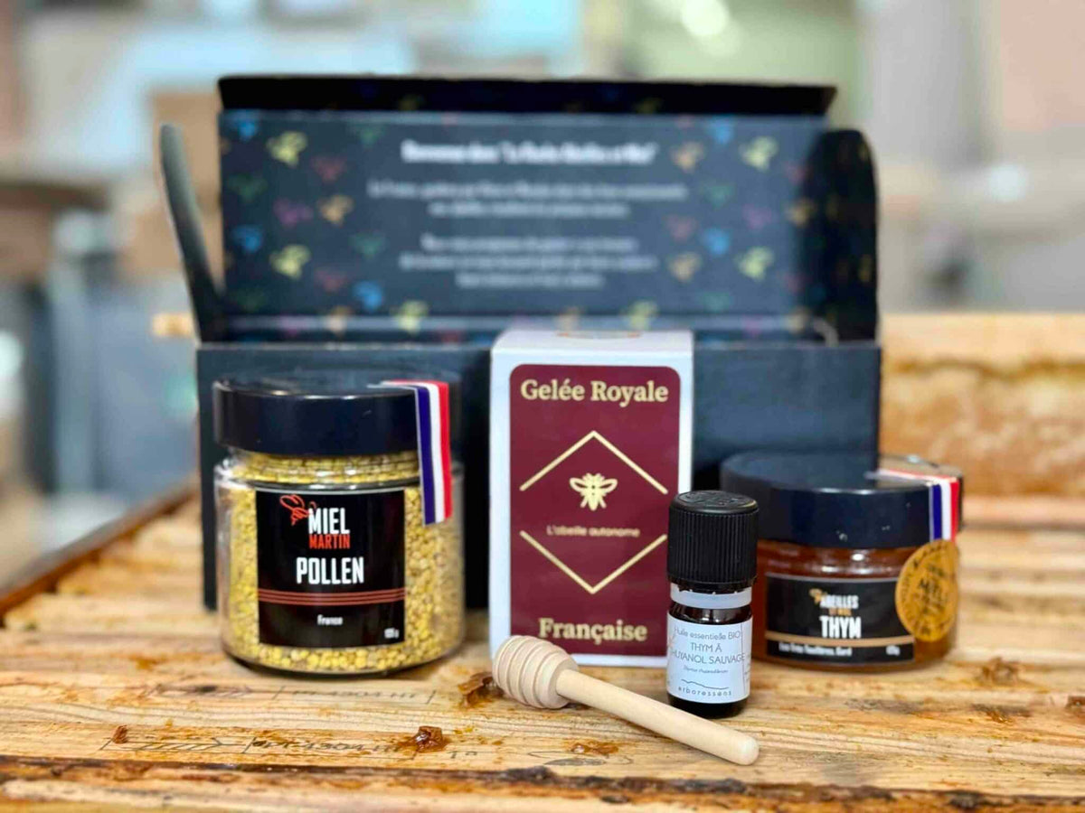 Box Vitalité de Rentrée – Miel de thym médaillé d’or, gelée royale, pollen et huile essentielle de thym sauvage